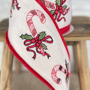 Red Embroidery Candy Cane Ribbon, 4 inch Ribbon, 5 YARDS, Luxury Ribbon, Christmas Ribbon, Tree Decor