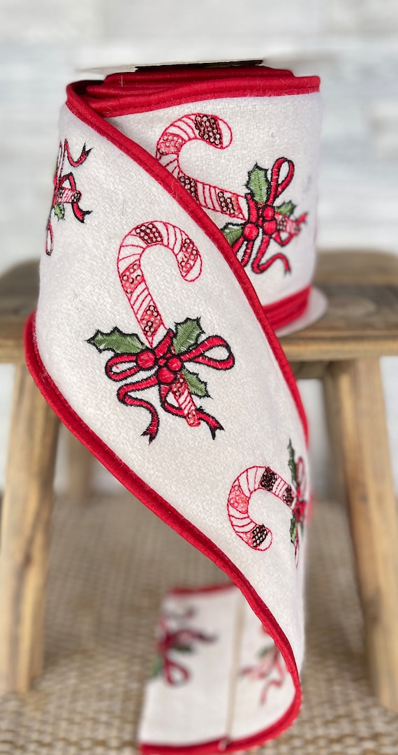 Red Embroidery Candy Cane Ribbon, 4 inch Ribbon, 5 YARDS, Luxury Ribbon, Christmas Ribbon, Tree Decor