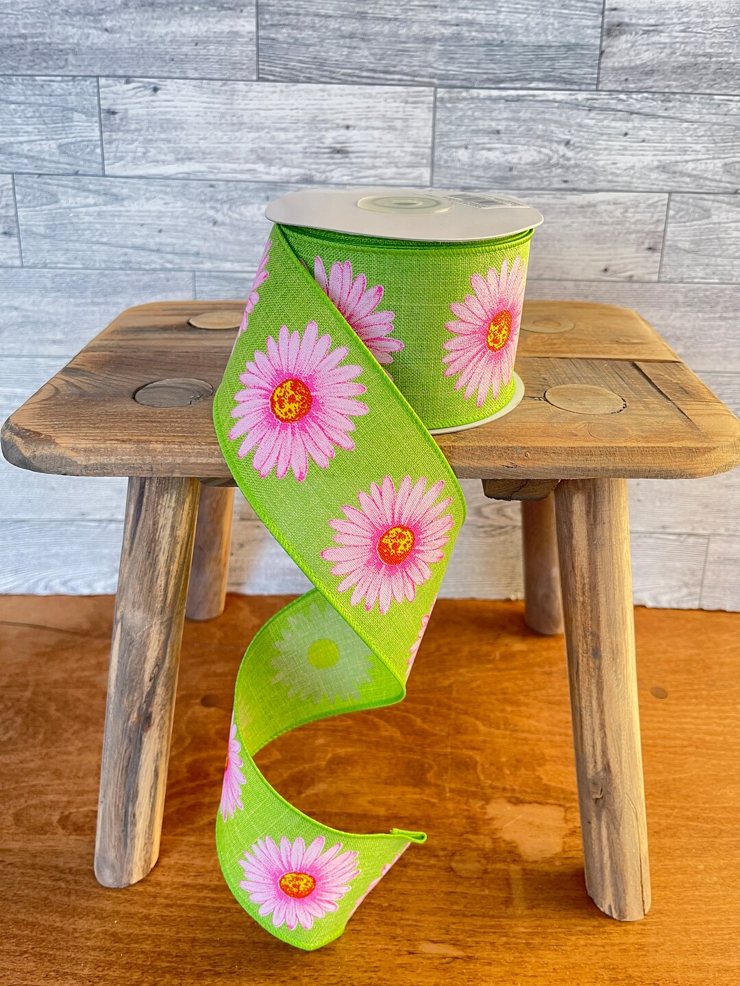 Green Pink Daisy Flower Ribbon, Faux Embroidery Daisy Ribbon, Wired