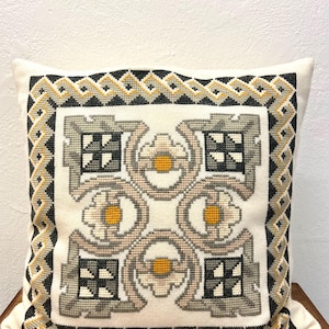 Danish cross stitch pillowcase, vintage hand embroidered pillowcase including pillow, lovely graphic motif, Danish handmade needlepoint