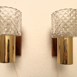 Carl Fagerlund Orrefors glass sconce set, very rare set of Teak, brass and glass lights Fagerlund/ Lyfa collaboration, scandinavian design