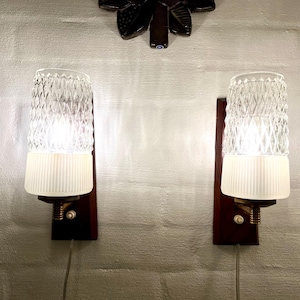 Danish Teak sconce set, beautiful set of two vintage wall lamps, teak and glass Sconces, Mid Century wall Lamp Danish design
