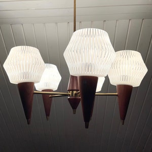 Danish Teak Chandelier,MINT 5 armed Vintage Teak, Glass and Brass Chandelier, Danish design Ceiling Lamp, Midcentury Danish Design