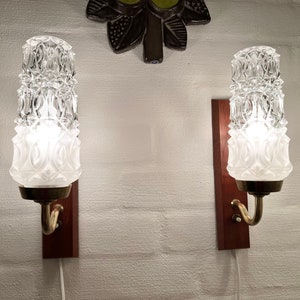 Danish Teak sconce set, vintage Laoni wall lamps, MINT set of two Teak and glass Sconces, Mid Century wall Lamp Danish design