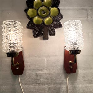 Danish Teak sconce set, vintage Astoria Denmark lamp Design, set of two Teak and glass Sconces, Mid Century wall Lamp Danish design