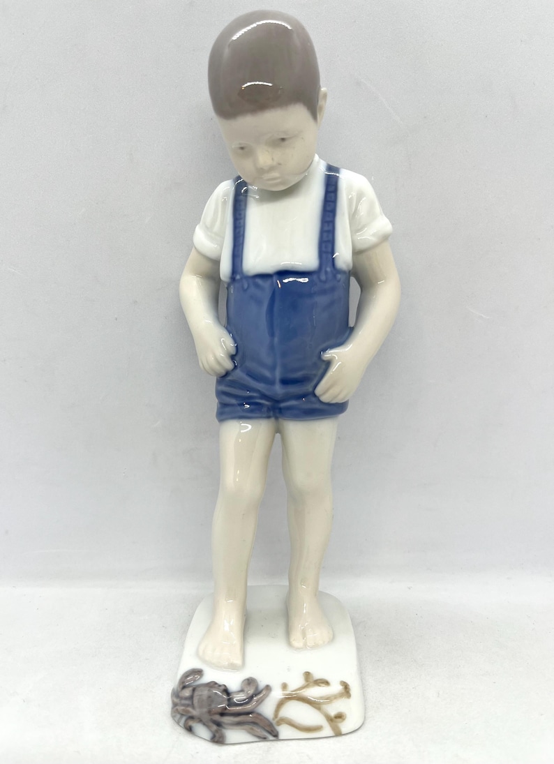 Bing and Grondahl, antique Danish Porcelain figurine, MINT condition Boy with Crab at his Foot, vintage Danish design image 1