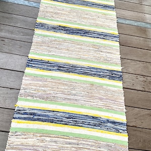 Swedish rug, vintage handmade rag Rug, 1970s  HANDMADE Beige and dusty Blue and Rose colors woven cotton floor rag rug 220 x 76 cm