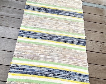 Swedish rug, vintage handmade rag Rug, 1970s  HANDMADE Beige and dusty Blue and Rose colors woven cotton floor rag rug 220 x 76 cm