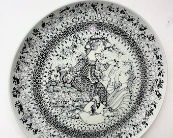 Bjorn Wiinblad Nymolle Dish, MINT XL "Herfst" schotel Four Seasons-serie, wand- of displaybord met zwart decor, vintage Deens design