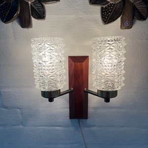 Danish Teak vintage double sconce, Teak base with two thick clear glass shades, Danish Mid Century wall Lamp design