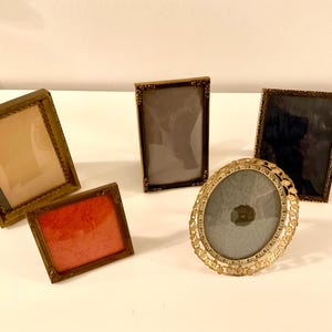 Vintage picture Frames, set of five various frames different size and shape, all frames have Convex glass, Danish antique wall decor