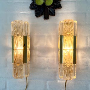 Vitrika Aladdin sconce set, rare set of two Danish large heavy glass and Brass wall lights, both with original Vitrika labels, Danish design