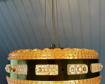 Orrefors Chandelier, LARGE size Brass and thick sculpted glass ceiling lamp, Swedish luxurious design, midcentury Scandinavian design