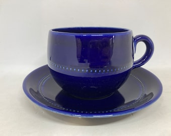 Old Höganäs large ceramic teacup duo sets, Höganäs Pärlband rare blue color, John Andersson Swedish midcentury design