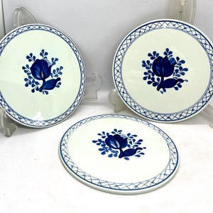 Puede incluir: Tres platos de cerámica blanca con un diseño floral azul. Cada plato presenta una flor azul central rodeada de hojas y un borde azul decorativo. Los platos se exhiben sobre soportes transparentes.