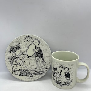 Bjorn Wiinblad mug and Sandwich board, Breakfast / afternoon Tea set &quot;September&quot;, both with Black decor, vintage Danish design
