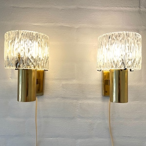 Orrefors Sconce set, large thick Pressed Glass shades on Brass base, model number 8397, vintage 1950s wall lights, Swedish design