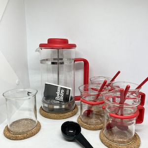 Bodum Bistro RED, Vintage set of Coffee press 4 Tea/Coffee cups, sugar bowl with spoons and cork coasters, Carsten Jørgensen Danish design