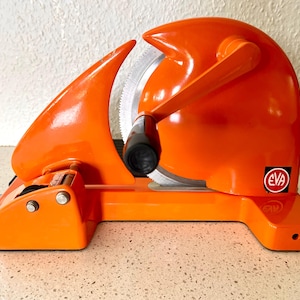 Vintage original Danish design bread slicer, Orange all purpose slicer with Grey board, Eva 1950s iconic household necessity