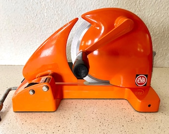 Vintage original Danish design bread slicer, Orange all purpose slicer with Grey board, Eva 1950s iconic household necessity