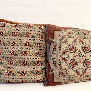 Danish cross stitch pillowcase, LEFT PILLOW ONLY, large vintage hand embroidered pillowcase including pillow, Danish handmade needlepoint
