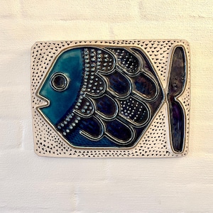 Mari Simmulson ceramic wall plate, signed VERY RARE 1968 plaque Fish motif, Upsala Ekeby vintage Swedish ceramics