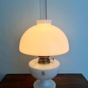 Holmegaard Glass lamp, &quot;Victoria&quot; kerosene lamp designed by Michael Bang 1967, White blown glass base and shade, vintage Danish design