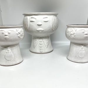 Vintage DDR ceramic planters, set of 3 Vintage Bobhead planters, VEB Haldensleben GDR Flowerpot Faces, East Germany ceramics 1960&#39;s