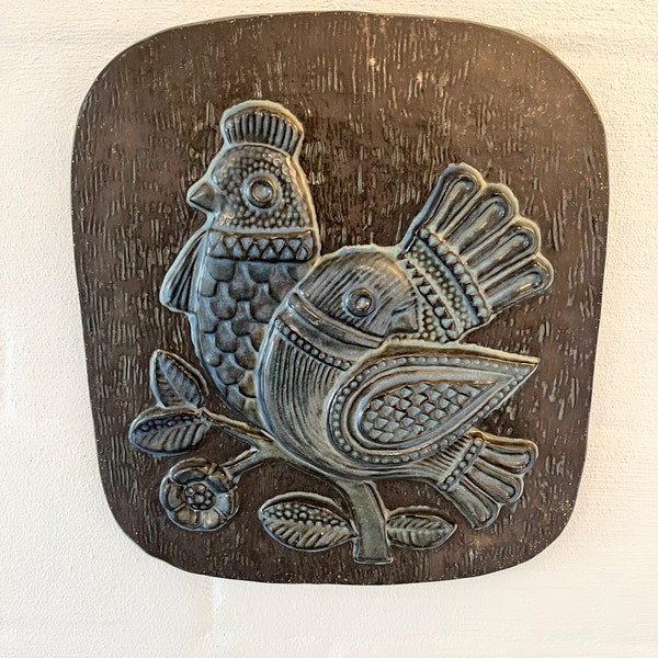 Irma Yourstone ceramic wall plate, Birds plaque with original sticker and signature, collectible midcentury Swedish design