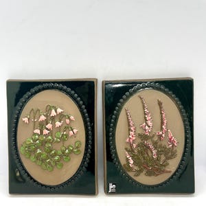 JIE Gantofta Sweden, set of two MINT 17,5 x 13,5 cm ceramic plaque in Pink and Green Floral pattern, Swedish vintage design