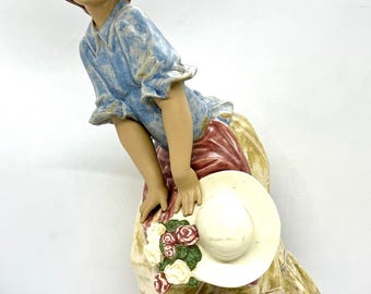 Lladro Ceramic Girl figurine, mint condition large signed figurine of adorable Girl with hat and Flowers, designed by Salvador Debon in 1978