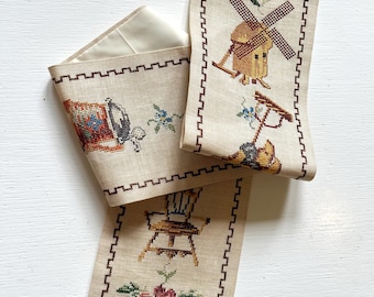 Danish cross stitch tapestry, handmade Bell pull depicting antique Farm / household items, Danish vintage handcraft tradition