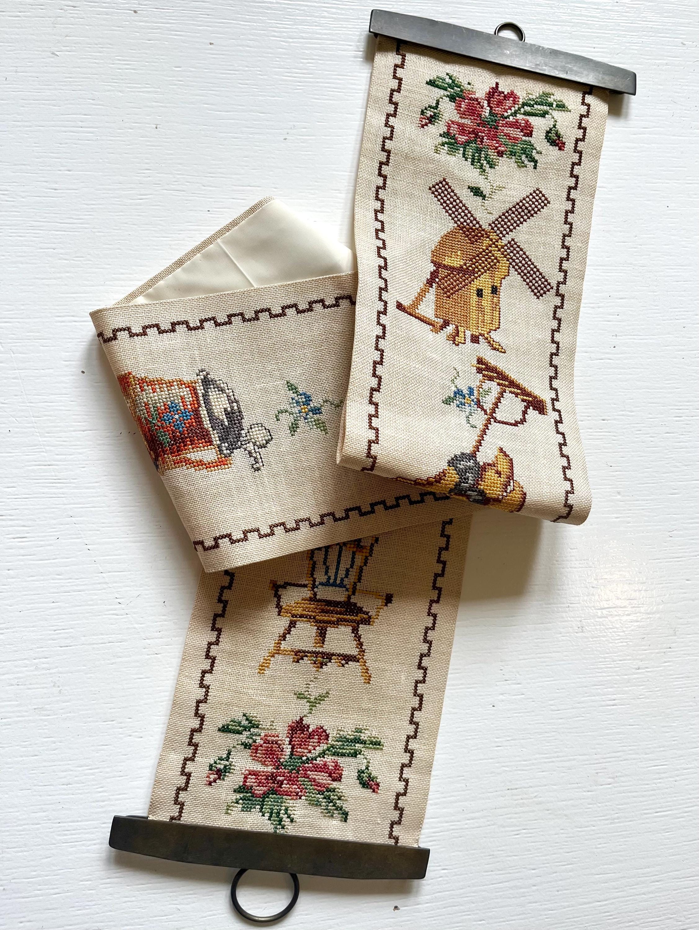 Danish Cross Stitch Tapestry, Handmade Bell Pull Depicting Antique