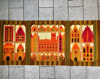 Vintage Kelim, XX Large Scandinavian Kelim tapestry, called &quot;Streets of Toruń&quot; woven Wool wall decor mint condition, Eva Nemeth for Ziola