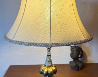 Antique Brass table lamp, Chinoiserie Style Brass and Cloisonne Table lamp, Heavy large brass base with Cloisonne insert, including shade