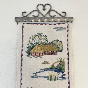 Danish cross stitch tapestry, handmade Bell pull depicting items found in an old Danish farmhouse, Danish vintage handcraft tradition
