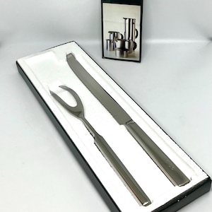Stelton Carving set, original box set of Stelton Carving set, Cylinda line series designed by Arne Jacobsen, vintage Danish design