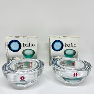 Iittala Glass Tealight holders clear glass, set of Two in original box Ballo candleholders, designed by Annaleena Hakatie, vintage Finnish