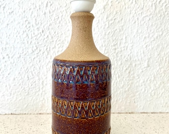 May include: A brown ceramic table lamp with a white lampshade. The lamp has a geometric pattern of brown and blue triangles.
