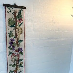 Danish cross stitch tapestry, large Cross stitch Bell pull, handmade with vines of grape and wine bottles, Danish vintage handcraft 1960s