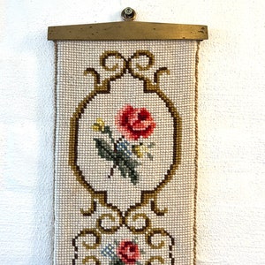 Danish cross stitch tapestry, Cross stitch Bell pull, handmade with a beautiful framed Flower pattern, Danish vintage handcraft tradition
