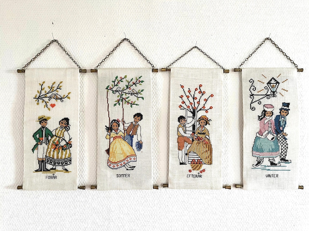 Danish Cross Stitch / Needlepoint, Set of 4 Seasons Wall Hangers