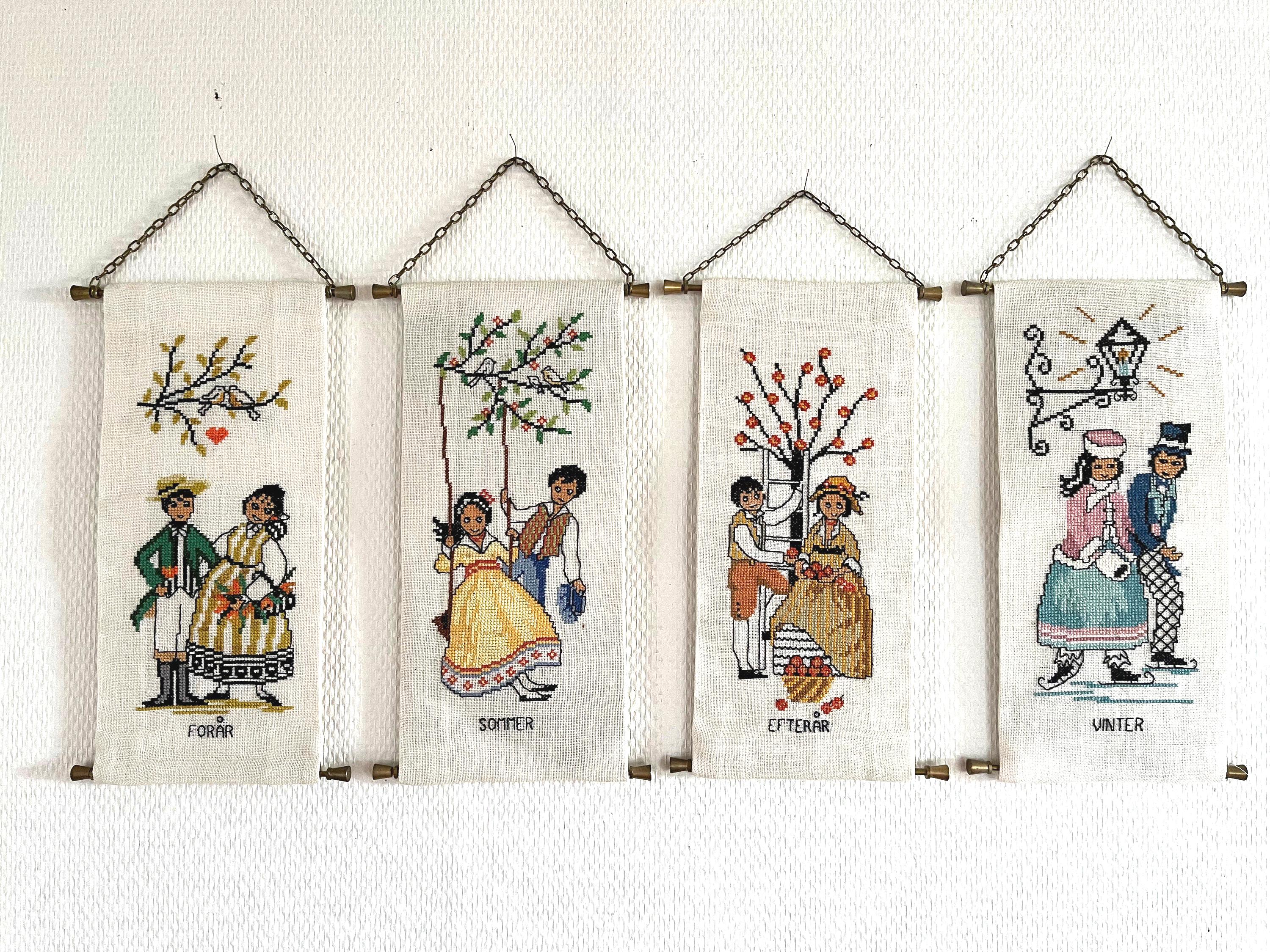 Danish Cross Stitch / Needlepoint, Set of 4 Seasons Wall Hangers