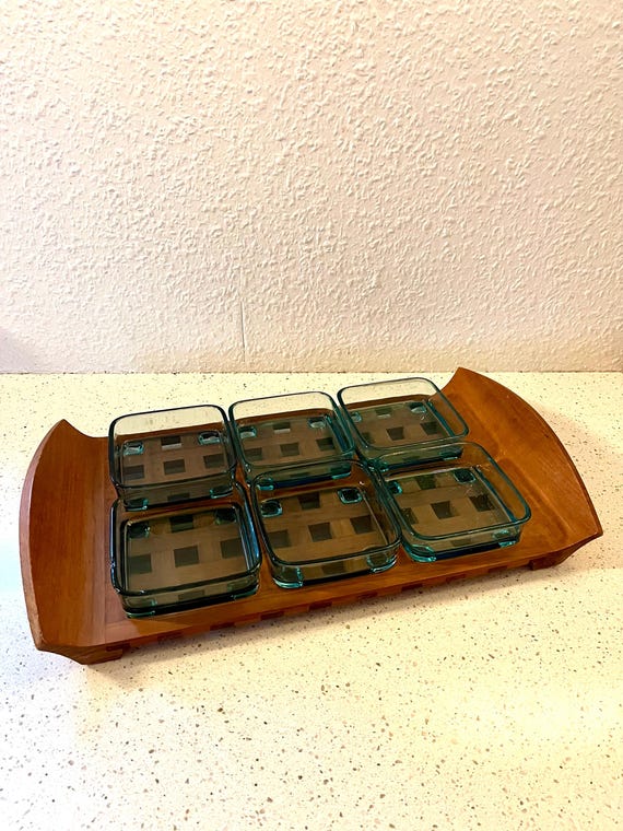 Quistgaard Teak Condement Tray With 6 Glass Bowls, Lattice Teak
