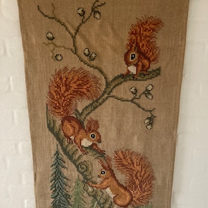 Danish Needlepoint, vintage Danish wall hanger, Large hand embroidered Tapestry/ wall decoration, Danish handmade Squirrel pattern