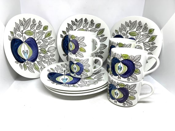 Rorstrand Eden Cups and Plates, Set of 12 / 6 Cups and 6 Plates, Original Vintage Production, Sigrid Richter for Rörstrand Midcentury Design