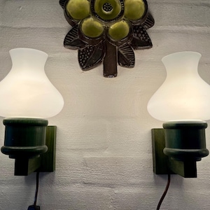 Vitrika sconce set, set of two Green tainted Vitrika wall lights, solid tainted Pine and White glass shades, midcentury Danish design