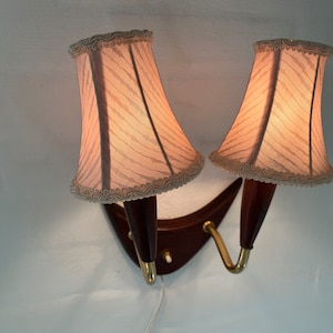 Danish Teak vintage double sconce, crescent Moon shaped Teak base including shades, Danish Mid Century wall Lamp design