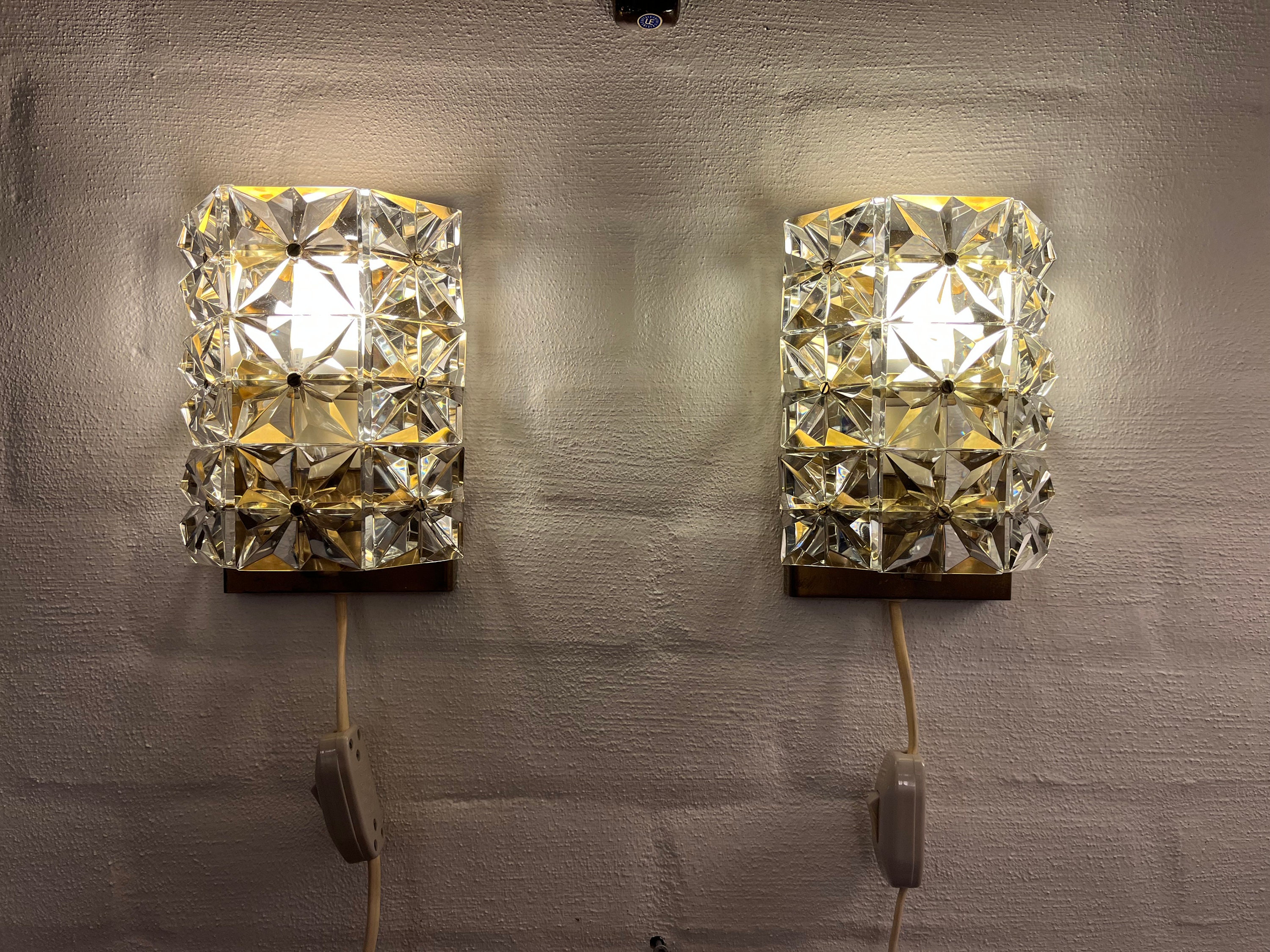 Vitrika sconce set, Danish Vitrika Gloria sconce set, Brass / square crystal glass Prisms, both has original stickers, vintage Danish design