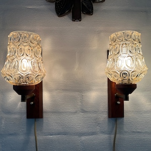 Danish Teak sconce set, set of two vintage glass and Teak wall lamps Design MINT,  Mid Century sconce Danish design